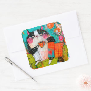 Grumpy Cat Drinking Coffee In Armchair Square Sticker