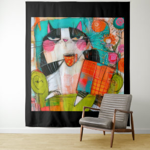 Grumpy Cat Drinking Coffee In Armchair Tapestry