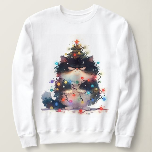 Grumpy Cat In Christmas Lights Funny Cat  Sweatshirt (Design Front)