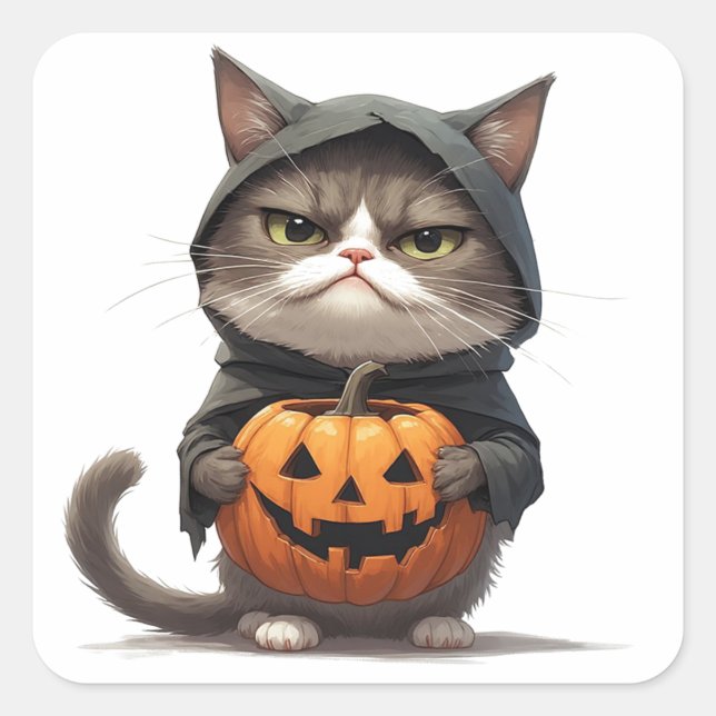Grumpy Cat In Pumpkin Witch Costume Halloween 🎃 Square Sticker (Front)