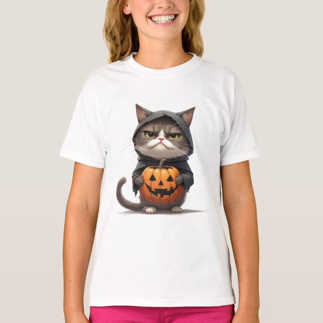 Grumpy Cat In Pumpkin Witch Costume Halloween 🎃 T-Shirt (Front)