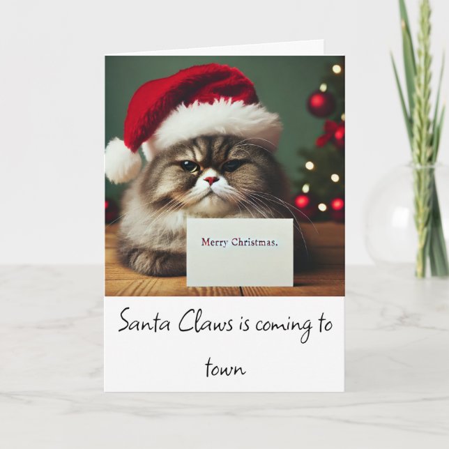 Grumpy cat in Santa hat funny Christmas card (Front)