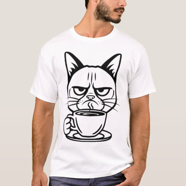 Grumpy cat obsessed with coffee T-Shirt (Front)