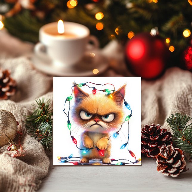  Grumpy Cat Tangled in Christmas Lights Holiday Card (Creator Uploaded)