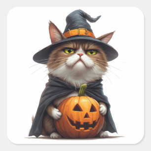 Grumpy Cat Wearing Pumpkin Witch Outfit 🎃 Square Sticker