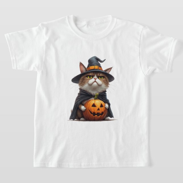 Grumpy Cat Wearing Pumpkin Witch Outfit 🎃 T-Shirt (Laydown)