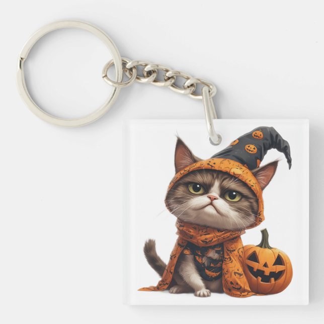 Grumpy Cat With Jack O Lantern Companion 🎃 Key Ring (Front)