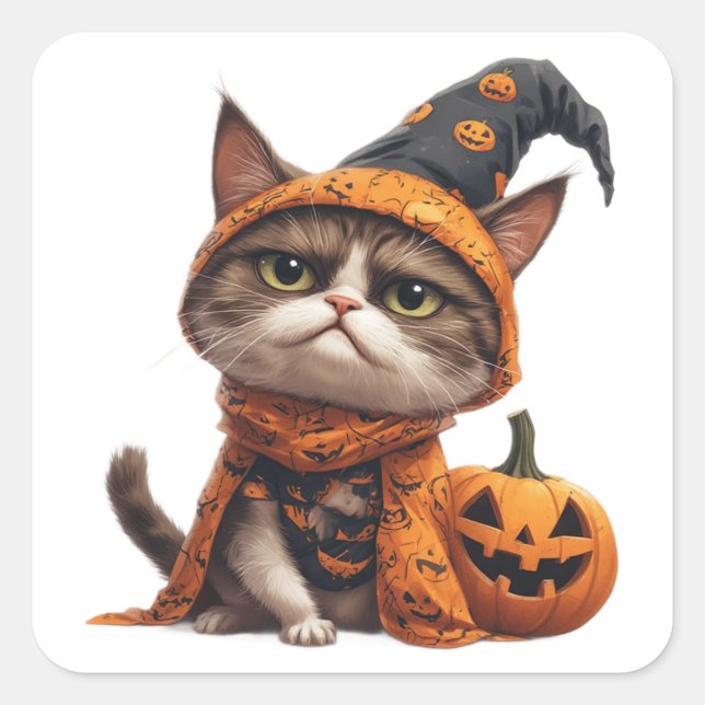 Grumpy Cat With Jack O Lantern Companion 🎃 Square Sticker (Front)
