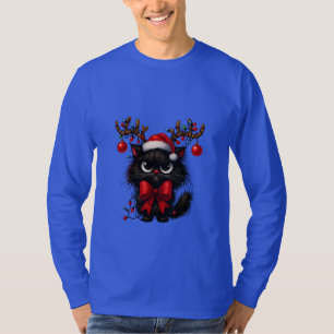 Grumpy Christmas Cat with Santa Hat and Antlers T-Shirt