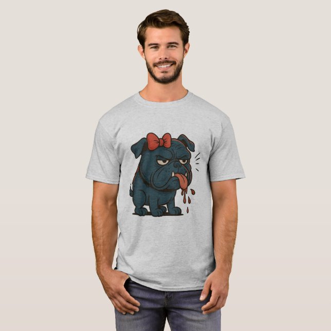 Grumpy Drooling Pug with Red Bow – Funny Dog Attit T-Shirt (Front Full)
