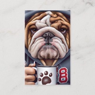 Grumpy English Bulldog in Hoody Holding Business Card