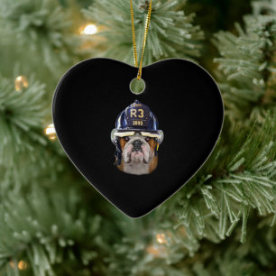 Grumpy English Bulldog Wearing Firefighter Helmet Ceramic Tree Decoration