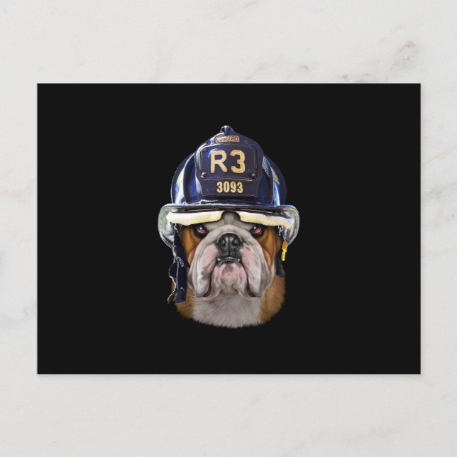 Grumpy English Bulldog Wearing Firefighter Helmet Holiday Postcard (Front)