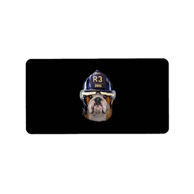 Grumpy English Bulldog Wearing Firefighter Helmet Label (Front)