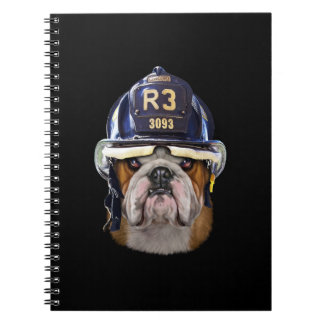Grumpy English Bulldog Wearing Firefighter Helmet Notebook