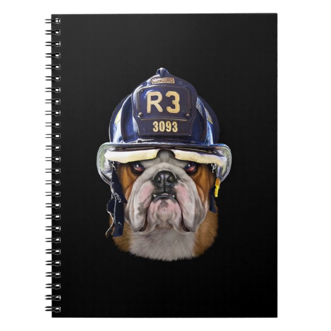 Grumpy English Bulldog Wearing Firefighter Helmet Notebook (Front)