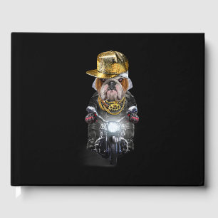 Grumpy English Bulldog wearing Hip Hop Cap Riding Guest Book
