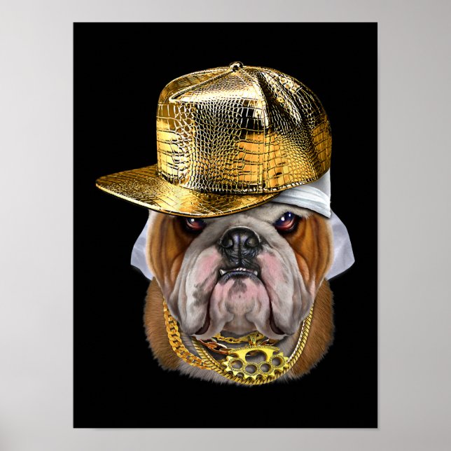 Grumpy English Bulldog wearing Hip Hop Rapper Poster (Front)