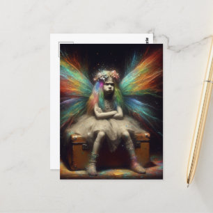 Grumpy Fairy Sitting on a Vintage Trunk Postcard