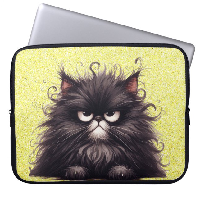 GRUMPY FLUFFY LITTLE BLACK KITTEN LAPTOP SLEEVE (Front)