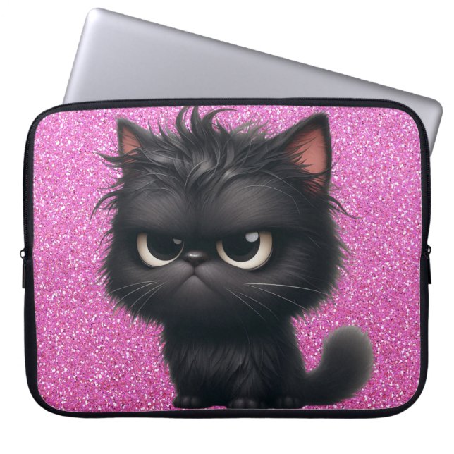 GRUMPY FLUFFY LITTLE BLACK KITTEN LAPTOP SLEEVE (Front)
