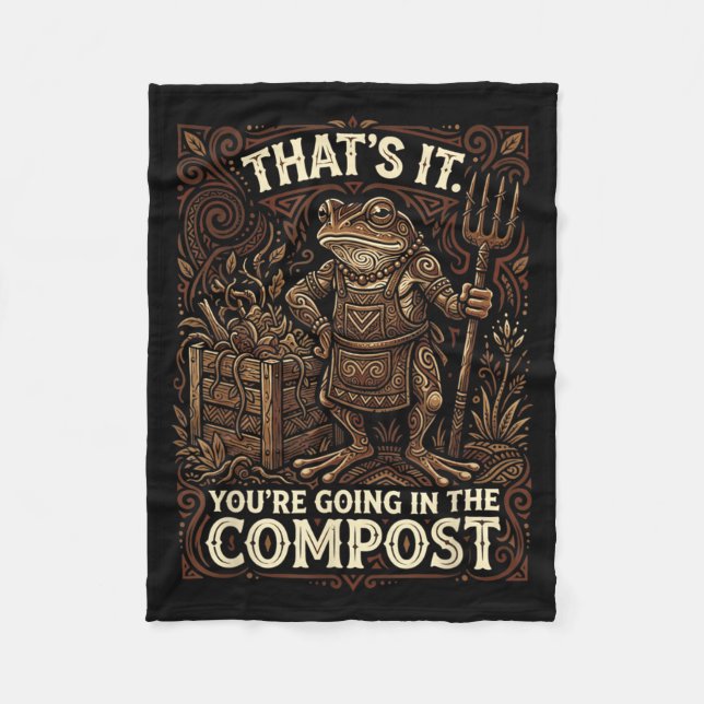 Grumpy Frog Gardener Woodcut Style Compost Bin Art Fleece Blanket (Front)