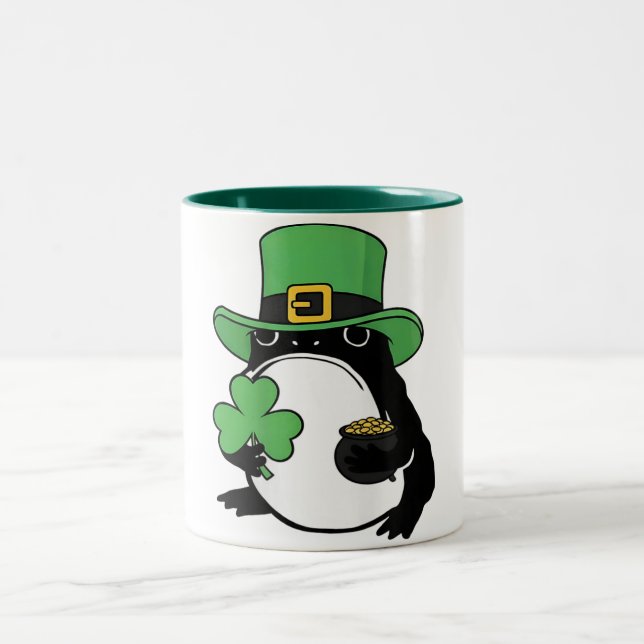 Grumpy Frog Japanese St. Patricks Day Shamrock Two-Tone Coffee Mug (Center)