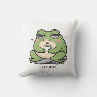 Grumpy Frog with a Tiny Cup of Coffee Cushion