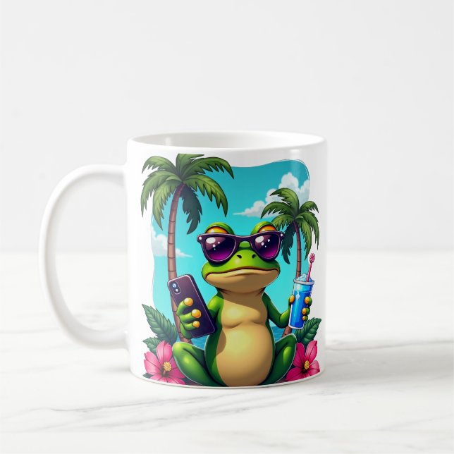 Grumpy Frog Y2K Vaporwave Tropical Retro Gaming Coffee Mug (Left)