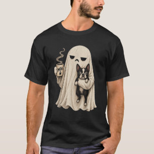 Grumpy Ghost Boston Terrier Holding Coffee Spooky T-Shirt