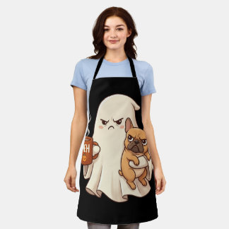 Grumpy Ghost French Bulldog Holding Coffee Spooky Apron