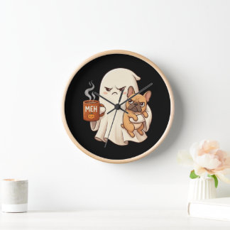 Grumpy Ghost French Bulldog Holding Coffee Spooky Clock