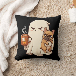Grumpy Ghost French Bulldog Holding Coffee Spooky Cushion