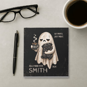 Grumpy Ghost Holding Black Pug Dog Meh Halloween Notepad