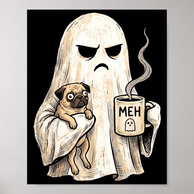 Grumpy ghost pug holding coffee spooky halloween  poster (Front)