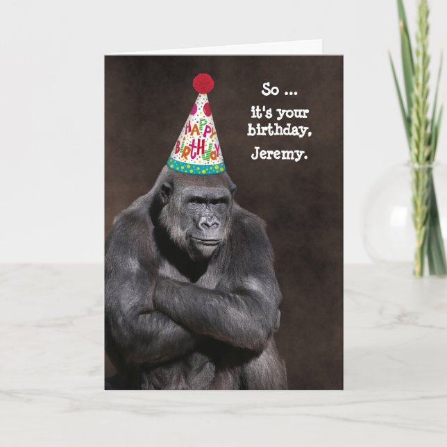Grumpy Gorilla in Party Hat Birthday Personalised  Card (Front)