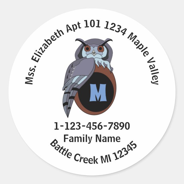 Grumpy Grandpa Scop Owl Home Address Classic Round Sticker (Front)