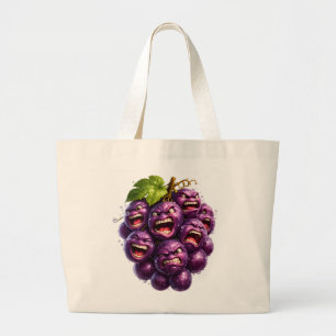 Grumpy grapes, angry fruit faces funny surrealist  large tote bag