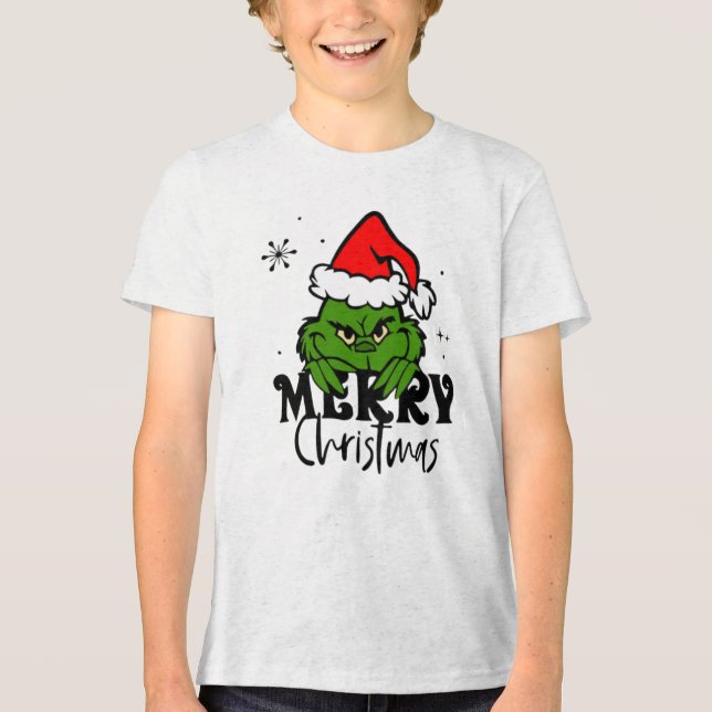 Grumpy Green Christmas Character in Santa Hat Tri-Blend Shirt (Front)
