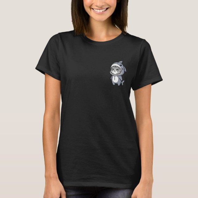 Grumpy Grey Tabby Cat in a Shark T-Shirt (Front)