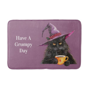 Grumpy Halloween Black Cat in a Hat Bath Mat