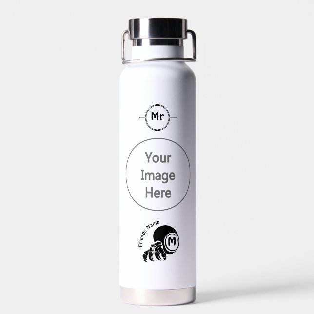 Grumpy Hermit Crab Silhouette Monogram Water Bottle (Back)