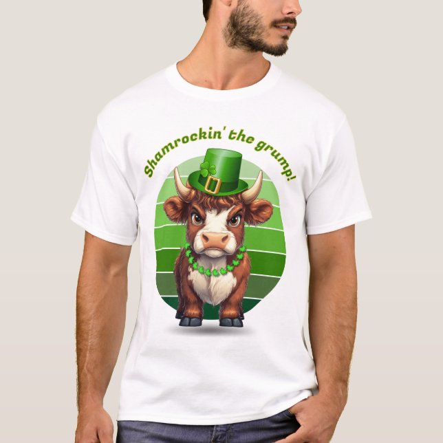 Grumpy Highland Cow St. Patrick's Day T-Shirt (Front)