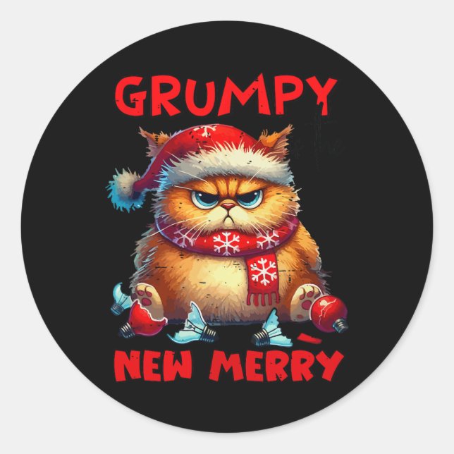 Grumpy Is The New Merry Christmas Cat Sarcastic Cu Classic Round Sticker (Front)