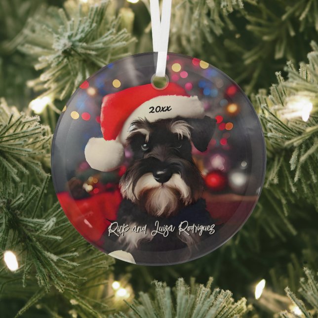 Grumpy Miniature Schnauzer with Santa Hat Glass Tree Decoration (Insitu)