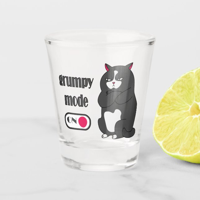 Grumpy mode on funny fat cat  shot glass (Front)