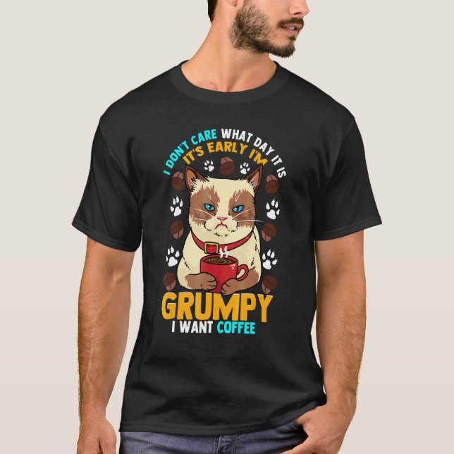 Grumpy Morning Cat Before Morning Coffee T-Shirt (Front)