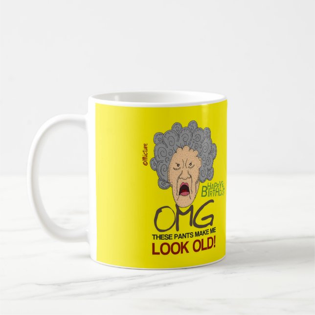 Grumpy old lady yellow birthday cartoon coffee mug (Left)