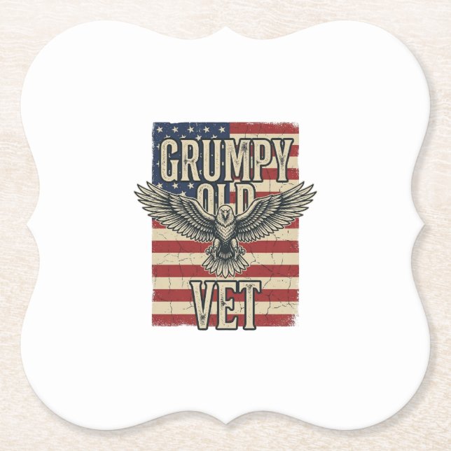 Grumpy Old Vet Patriotic Eagle Flag Shirt Design Paper Coaster (Front)