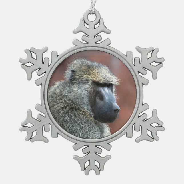 Grumpy Olive Baboon Snowflake Pewter Christmas Ornament (Front)